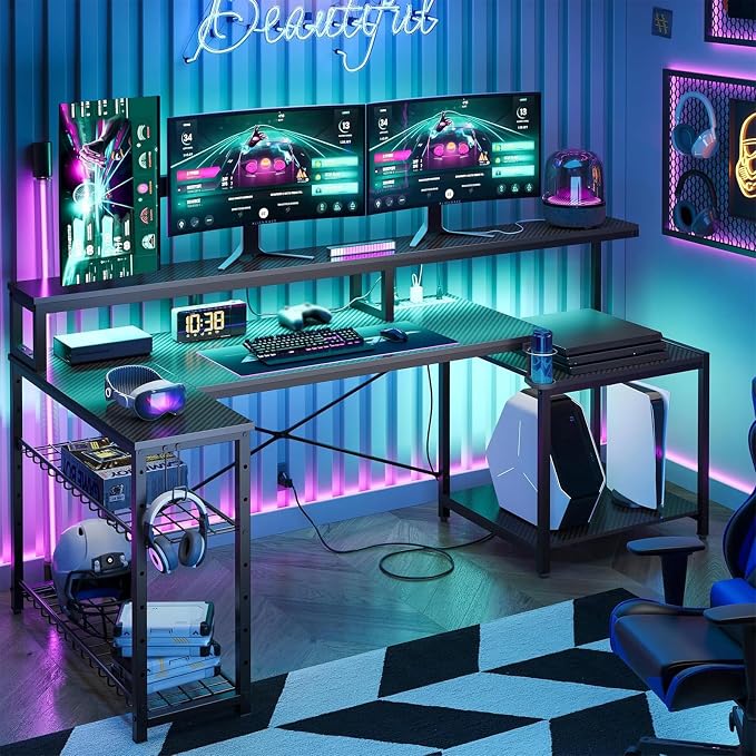 Bestier LED Gaming Desk with Power Outlets, 71 inch L Shaped Computer Desk with Monitor Stand, Large Desk with Printer Stand Adjustable Shelf, Cup Holder & Hooks, Home Office Desk Black | Carbon Fiber Desktop, 20 Static 22 Dynamic RGB Modes, Storage Ra...