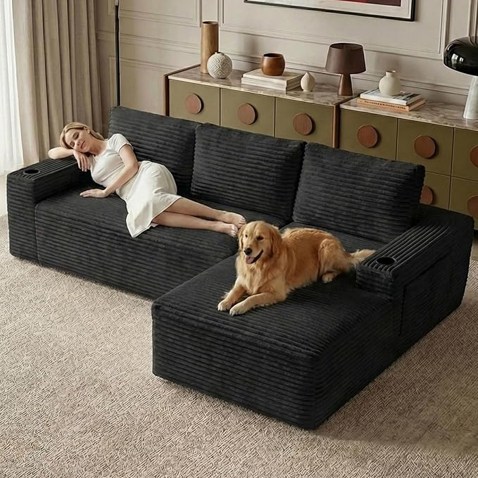 104" Cloud Sectional Couch L-Shaped with Side Pockets Cup Holders, Corduroy Boneless Couch for Living Room,Upholstered Deep-Seat Modular Sectional Sofa,No Assembly Required (Black,Right Facing Chaise)
