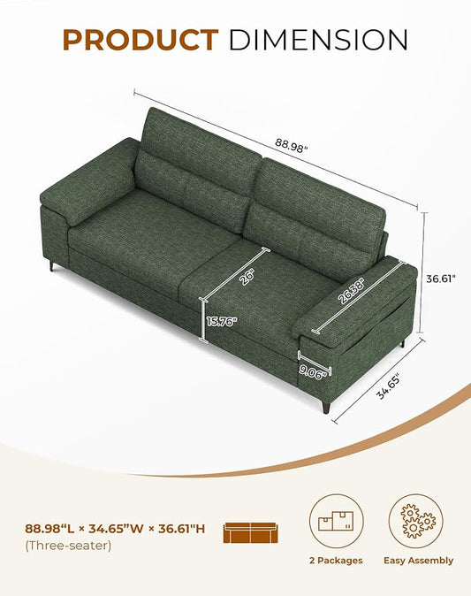 Upvilla 88.97" Modern Sofa Couch for Living Room, Deep Seat Sofas with 8”Cushion, Comfy 2-Seater Chenille Loveseat with Convertible Armrest, Removable Sofa Cover, High Leg (Green)