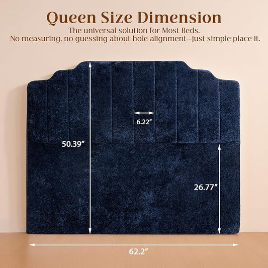 Queen Headboard Only - Blue Velvet Upholstered Headboard for Bed, No Assembly Required, Pure Sponge Design, Comfort Head Board, Place Between Bed & Wall, Vertical Stripe with Stepped Crown Top Edge
