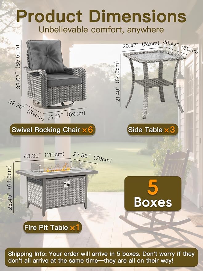 10-Piece Outdoor Conversation Set with 43" Fire Pit Table, 6 Swivel Rocking Chairs (4" Cushions) & 3 Side Tables, All-Weather PE Rattan & Steel Frame for Porch, Backyard, Charcoal Gray
