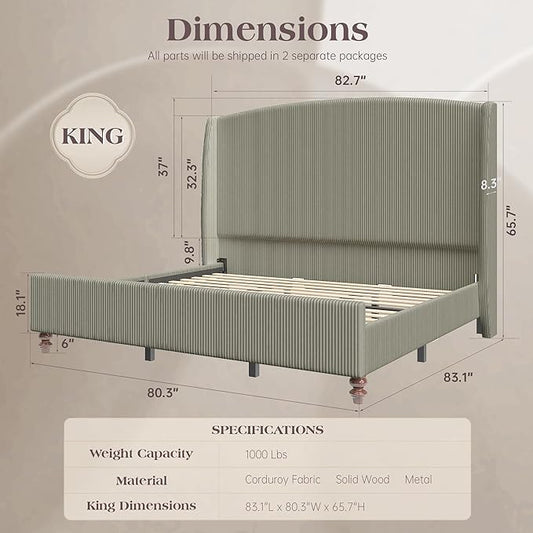 King Size Upholstered Bed Frame with 65.7" Tall Headboard Wingback, Soft Washable Corduroy Beds Cover, Solid Wood Legs, Noise-Free, No Box Spring Needed, Light Gray