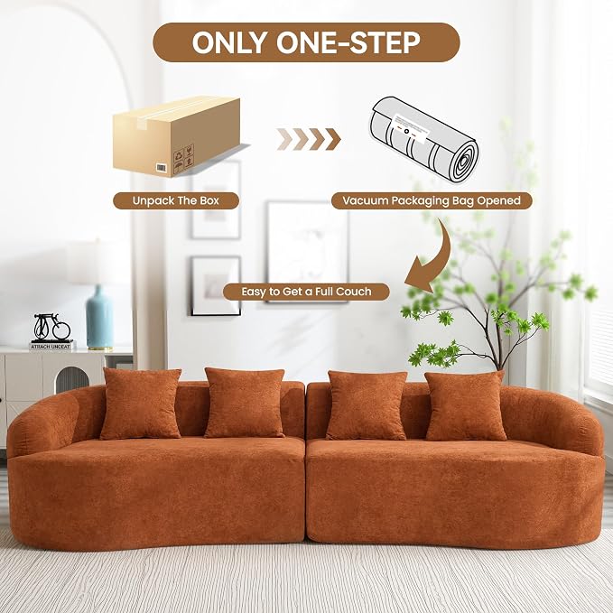 110" Boneless 4 Seater Sofa Couch, Modern Oversized Curved Cloud Sofa, Chenille 4-Seater Deep Seat Sectional Couches for Living Room, No Assembly, Orange