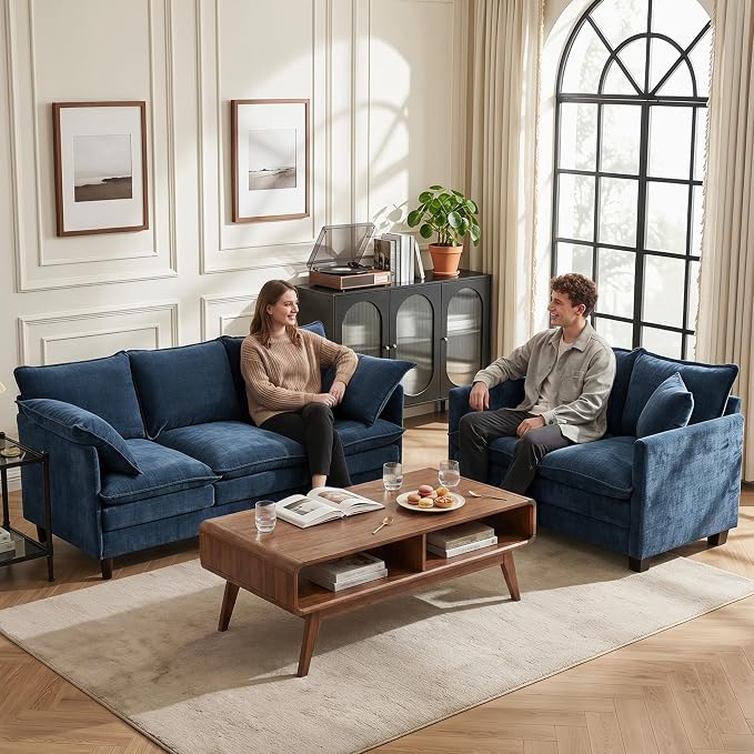 Loveseat Sofa Couch 2 Piece Set, Small Compact 50" Love Seat 27" Deep Cloud Sofa Set Washable Chenille Pillow Living Room Set for Apartment Office 8833-BLUE-2+2