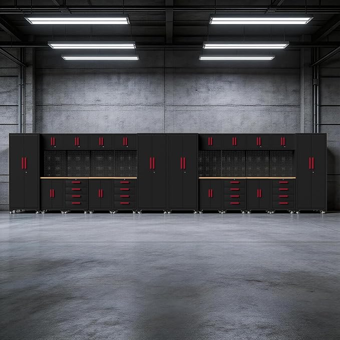 Garage Storage Cabinet System, 24PCS Garage Cabinets and Storage System Workshop Set with Red Cabinet, Cabinet Drawers, Workbench, Pegboard for Tool Organization,Red Handle