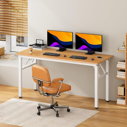 DlandHome Computer Desk, 59.8Inch Office Desk Computer Table, Study Writing Study Desk for Home Office, Teak and White
