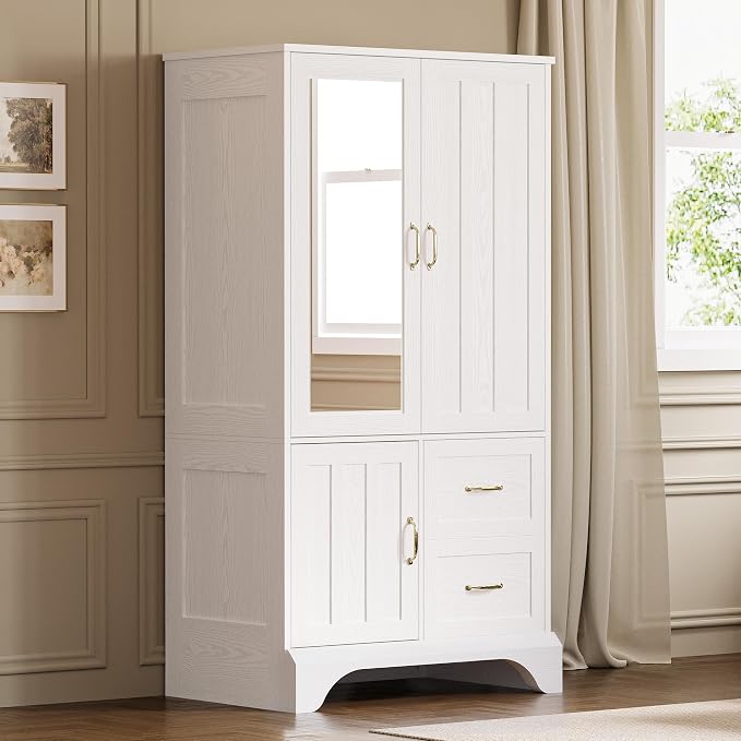 LIKIMIO Armoire Wardrobe Closet with Mirror and 3 Doors and 2 Drawers, Bedroom Wooden Armoire Storage Cabinet Combination with Hanging Rod for Bedroom, White