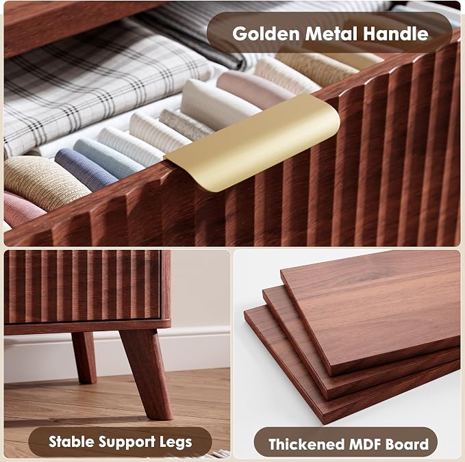 GarveeHome Fluted Dresser for Bedroom with 6 Deep Drawers, 47.2 in Wide Modern Chest of Drawers, Wooden Dresser TV Stand, Curved Profile Design, for Living Room, Kids Room, Hallway, Walnut