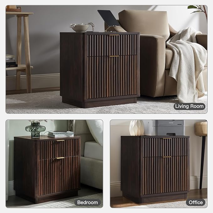 T4TREAM 23'' Fluted Nightstand with Charging Station, Large 2 Drawer Side Table, Modern End Table with Storage, Mid Century Bedside Table for Bedroom, Living Room, Curved Profile, Dark Walnut
