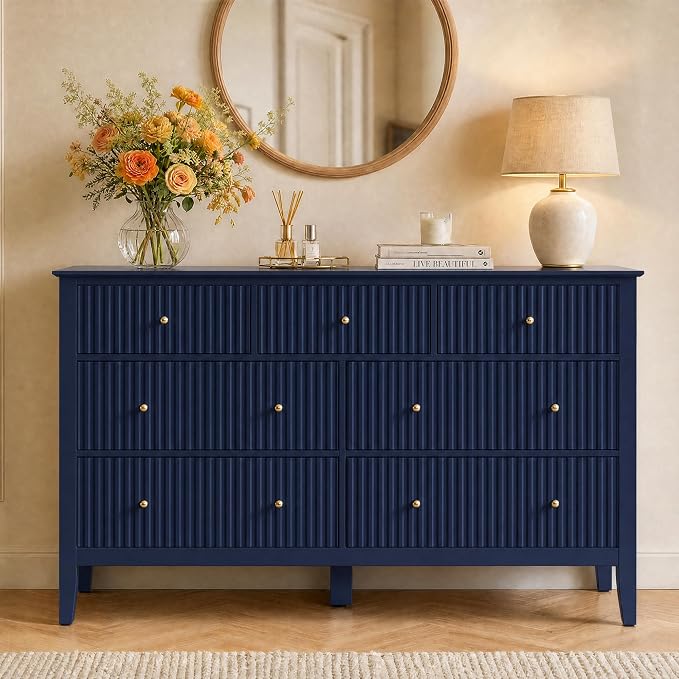 RoyalCraft 7 Drawer Dresser for Bedroom, 53" Wide Modern Wooden Chest of Drawers with Metal Handles, Painted Surface, Sturdy and Stable Storage Cabinet for Living Room, Blue