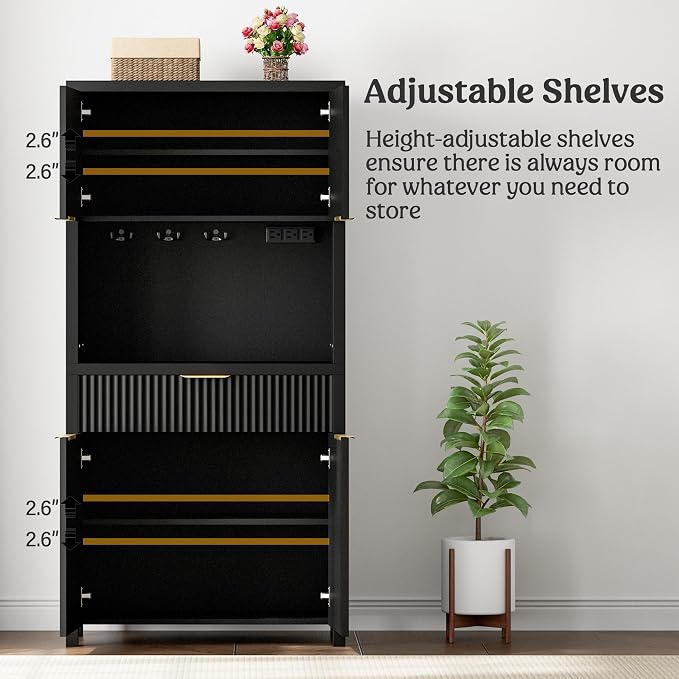 Lulive 71" Fluted Pantry Cabinet with Charging Station, Black | Adjustable Shelves, Open Countertop, Drawer, Spacious Kitchen Storage