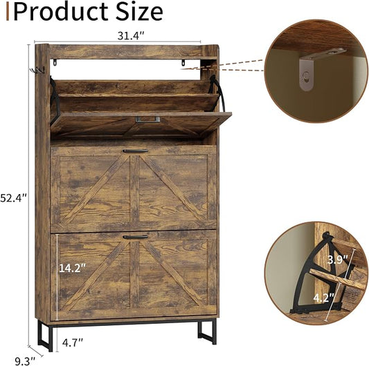 Shoe Cabinet with 3 Flip Drawers, Freestanding Hidden Shoe Storage Organizer for Entryway, Narrow Slim Shoe Rack Cabinet with Open Storage & Hooks for Front Door Entrance, Living Room, Hallway, Brown