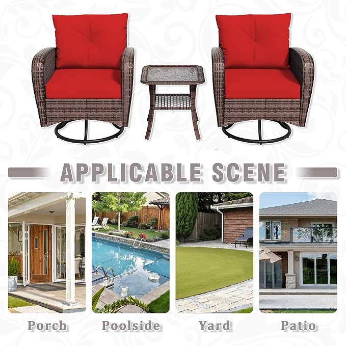 3 Piec Patio Bistro Set with 2 Rocking Chairs & Table, 360° Swivel PE Wicker Outdoor Furniture, Heavy-Duty Steel Frame,Weatherproof Cushions, Red