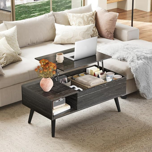 WLIVE Coffee Table for Living Room, Lift Top Coffee Table with Storage, Small Rising Wooden Dining Center Table with Storage Shelf & Hidden Compartment, 39" Black Oak