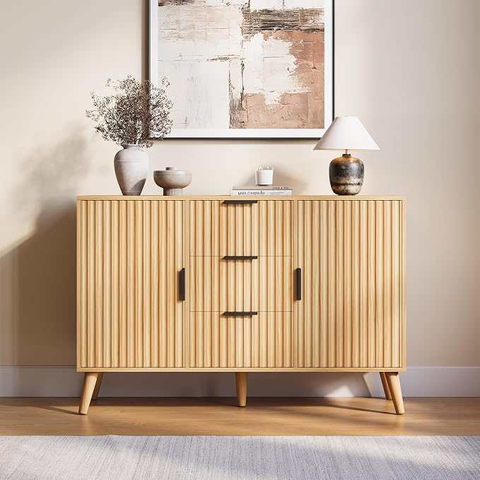 47.2" Fluted Sideboard Buffet Cabinet with 3 Drawers, Modern Sideboard Cabinet with Storage, Large Storage Cabinets with 2 Doors Accent Credenza for Kitchen|Living Room|Entryway, Natural