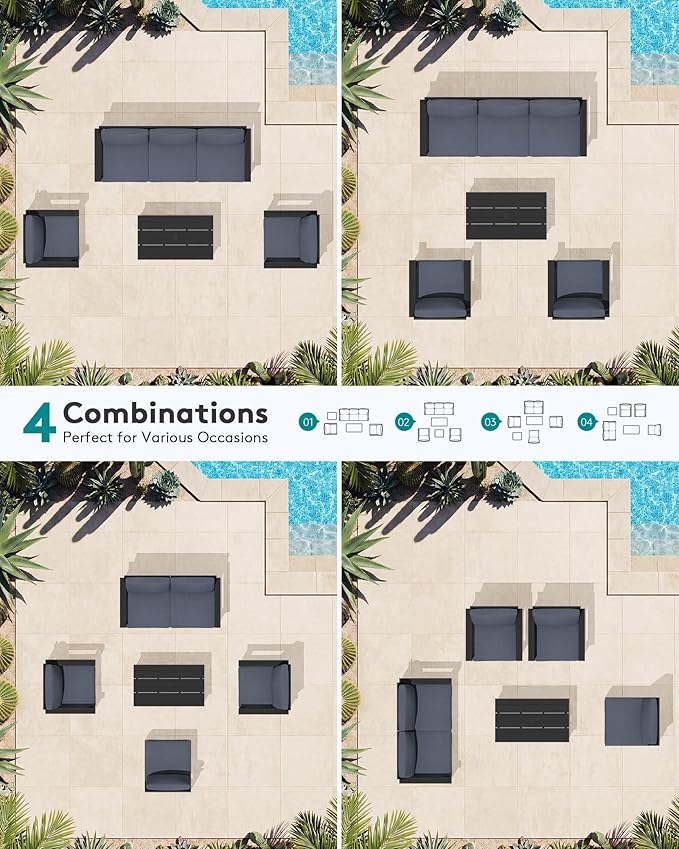 SERWALL HDPE Patio Conversation Set, 6-piece Sectional Outdoor Furniture Set, All Weather Outdoor Couch Set Patio Furniture Set for Deck, Lawn, Black Frame with Grey Cushion