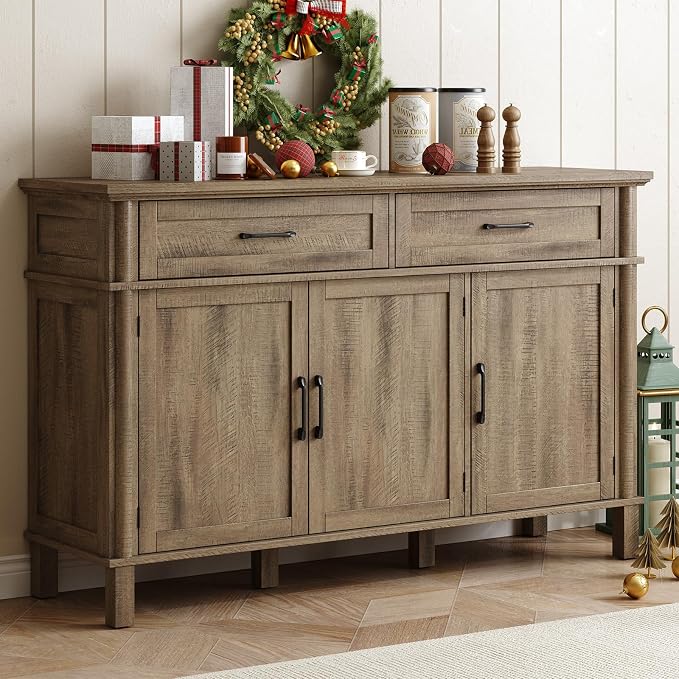 ONBRILL 55 Inch Buffet Cabinet with Storage, Farmhouse Sideboard Buffet w/2 Drawers and 3 Doors, Coffee Bar Cabinet with Adjustable Shelves, Sideboard Storage for Kitchen, Living Room, Washed Grey