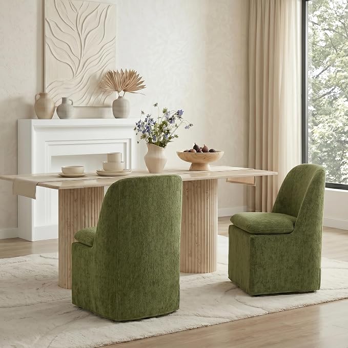 KISLOT Upholstered Dining Chairs Set of 1 with Hidden Casters, Modern Kitchen Chairs with Removable Washable Cover, Padded Dining Room Chairs with Chenille Velvet Fabric & Metal Frame, Green