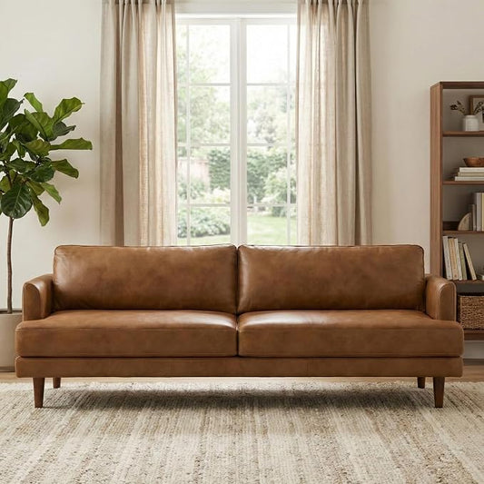SIMPLIHOME Livingston Sofa - 90 inch Wide Top Grain Genuine Leather Sofa in Caramel Brown, Mid-Century Modern 3-Seater Couch for Living Room with Feather-Wrapped Cushions and Solid Wood Frame