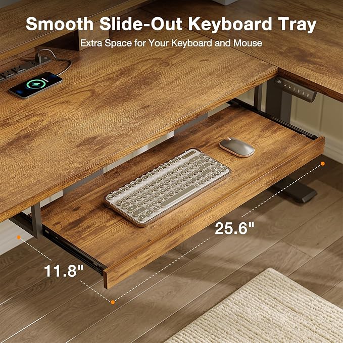 Casaottima 59 Inch Electric L-Shaped Standing Desk with Drawers, Height Adjustable Stand Up Corner Desk with Monitor Stand & Keyboard Tray, Lift Table for Home Office, Workstation, Rustic Brown