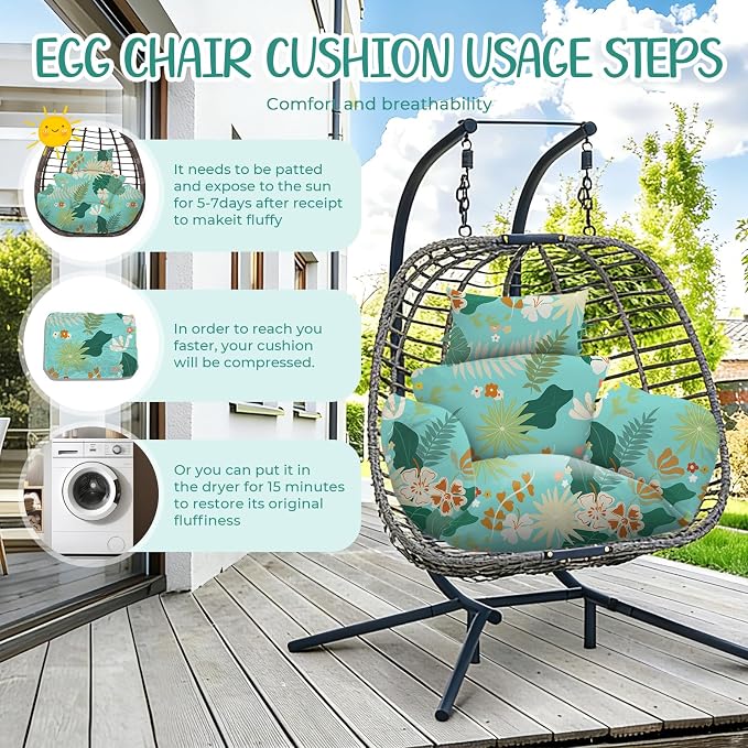 Waterproof Egg Chair Cushion Replacement 47x31.5x4.7 inch Thicken Hanging Egg Swing Chair Cushion Indoor Outdoor Wicker Rattan Hammock Basket Cushion with Headrest Pillow, Teal Floral Leaves