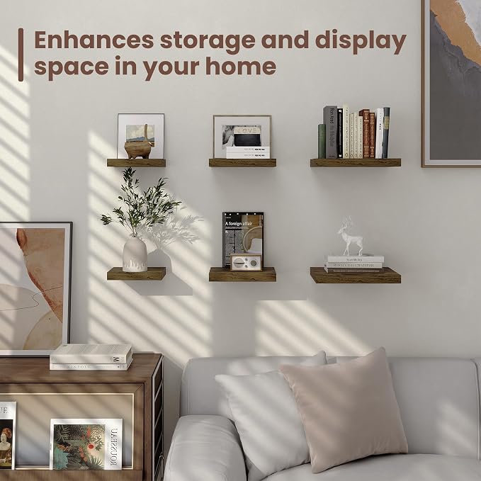Fun Memories Square Floating Shelves for Wall - 12 Inch Deep Floating Shelves with Invisible Brackets, Brown Small Wall Shelf for Living Room, Bathroom, Bedroom, and Kitchen Decor Set of 4