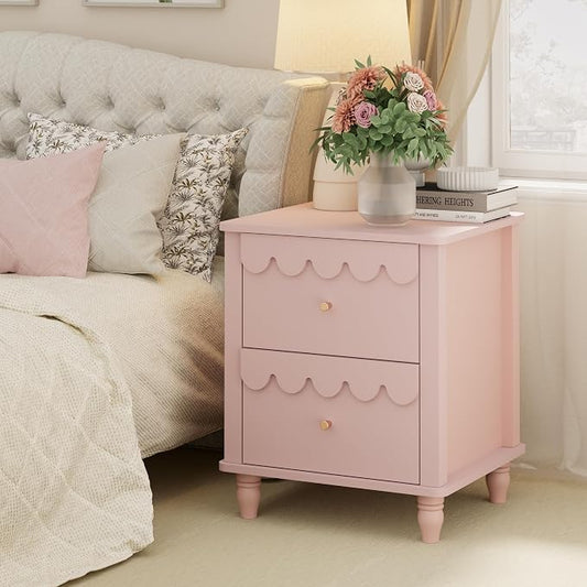 Anbuy Pink Nightstand Set of 2 with Petal Pattern, Modern Night Stand Set 2 with 2 Drawers for Bedroom, Side End Table Scalloped Bedside Night Tables with Solid Wood Legs