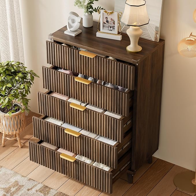 Lulive White Dresser for Bedroom Wood Tall Dressers Drawers, Fluted Modern Dresser 5 Drawers Walnut