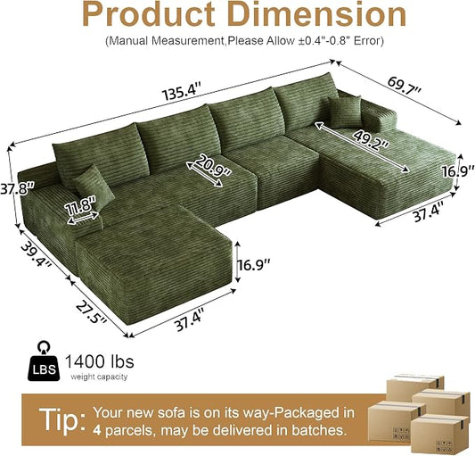 136" Sectional Couches for Living Room Modern Modular Sofa with L-Shape Couchs Upholstered Boneless Couch Deep Seat Sectional Couch with Chaise (Green, 136"Right facing chaise+3Seaters+Ottoman)