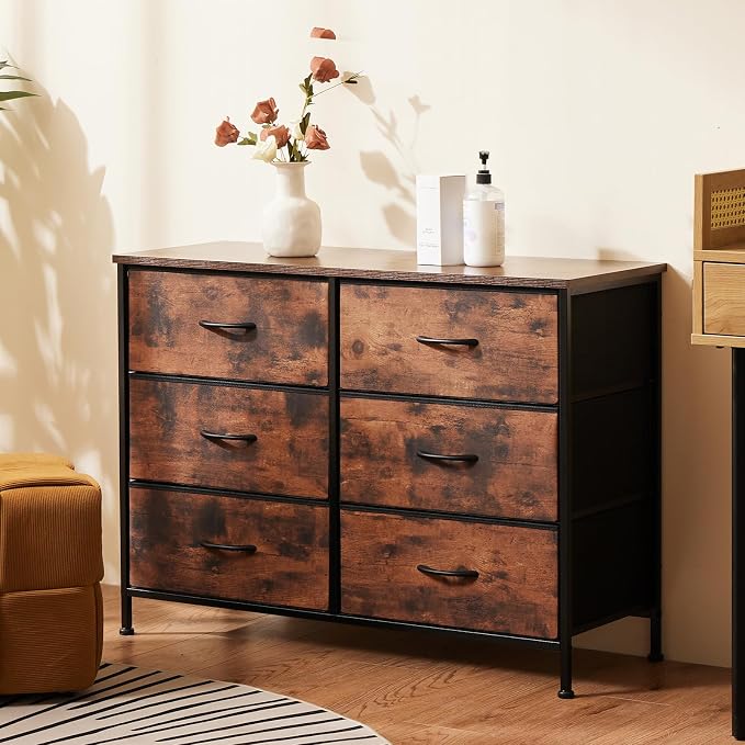 DUMOS 6 Drawer Dresser for Bedroom, Wide Storage Chest of Drawers Cabinet | Fabric Storage Organizer with Wooden Top, TV Stand for 43-50 Inch TV in Closet, Living Room, Rustic Brown