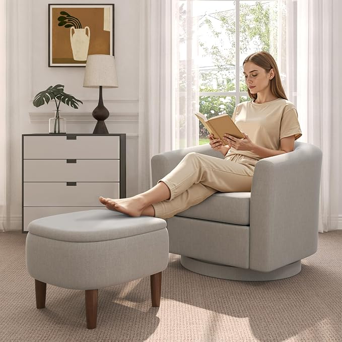 Swivel Accent Chair with Storage Ottoman Set of 2, Modern Velvet Barrel Chair, Upholstered Armchair with Footrest for Living Room/Reading/Bedroom, 25.4'' D x 28.35'' W x 24.4'' H, White
