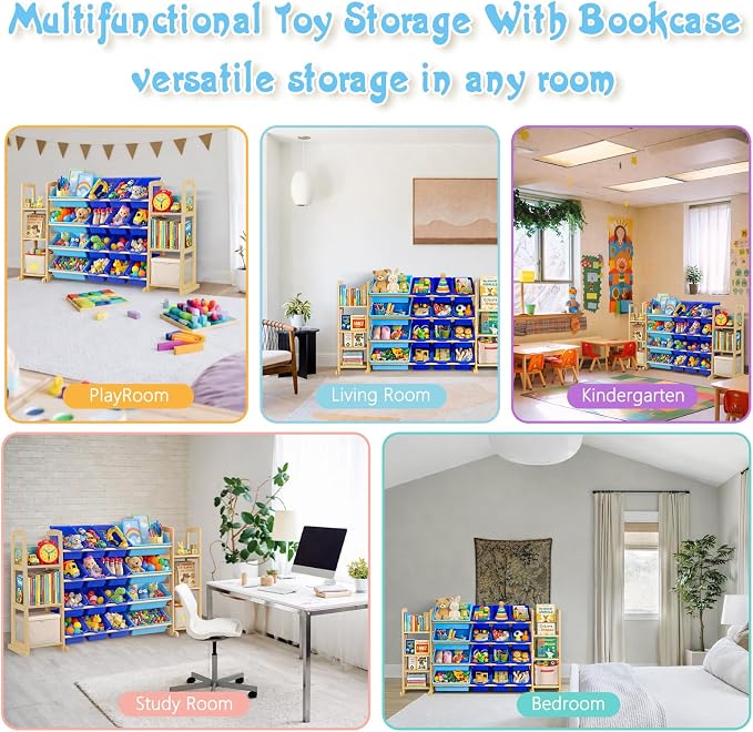 Kids Toy Storage Organizer with Bookshelf – Wooden Shelf with 16 Bins & 6 Shelves, Quick Assembly Storage Rack for Playroom, Bedroom, Nursery - Blue