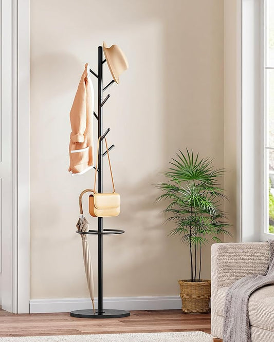 CHOEZON Coat Rack Freestanding, Coat Rack with Umbrella Holder, Coat Hanger Stand with 8 Hooks, Coat Tree with Marble Base, 3 Adjustable Size, for Entryway, Living Room, Bedroom Marble Black TYM09BD