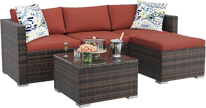 5-Piece Outdoor Sectional Sofa Set, All-Weather PE Rattan Patio Furniture with Ottoman & Tempered Glass Table, Convertible Garden Couch for Backyard, Porch, Poolside (Brown/Wine Red)