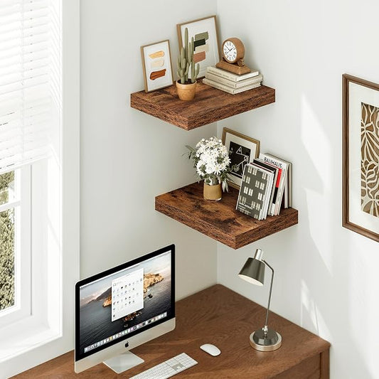 Vivelove 12 Inch Deep Floating Shelves for Wall, 16" Long Wall Shelves with Invisible Brackets, for Living Room Bedroom Bathroom, Farmhouse Rustic Shelves Home Decor, Set of 2, Rustic Brown