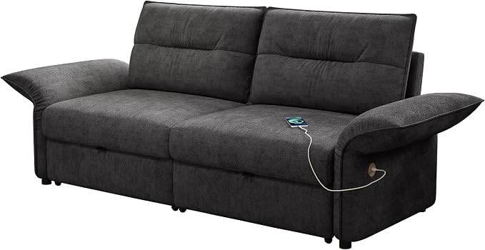 85'' Sofa Bed Full, Assembly, 3 in 1 Sleeper Sofa Beds, Flannel Pull Out Couch for Living Room, Charging & Adjustable Armrest, Comfy Loveseat for Small Space, Flannel Dark Grey