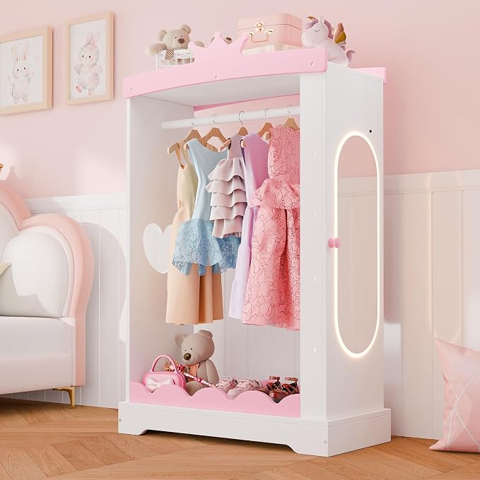 Xilingol Kids Armoire with Jewelry Cabinet, Dress up Storage with Mirror, Princess Dress Closet and Costumes Wardrobe Closet, Costume Organizer for Bedroom, Kids Room, Girls (White)