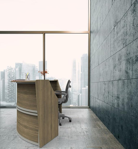 Linea Italia Curved Modern Office Desk Easy to Assembly 2 Panel Reception Counter for Lobby, Salon, 124" x 49", Walnut
