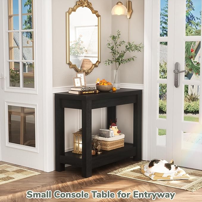 Besiost Farmhouse End Table, Narrow Side Table, Slim End Table with Storage Shelf, Small Console Table for Small Spaces, Nightstand Sofa Table for Living Room, Bedroom, 24" Embossed Wood Grain Black