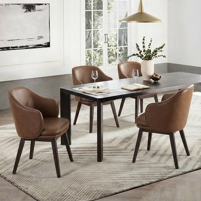 KISLOT Wooden Dining Chairs Set of 2, Faux Leather Barrel Upholstered Modern Dining Room Chairs with Soild Wood Leg & Double-Layer Thick Cushion for Restaurant, Kitchen, Brown