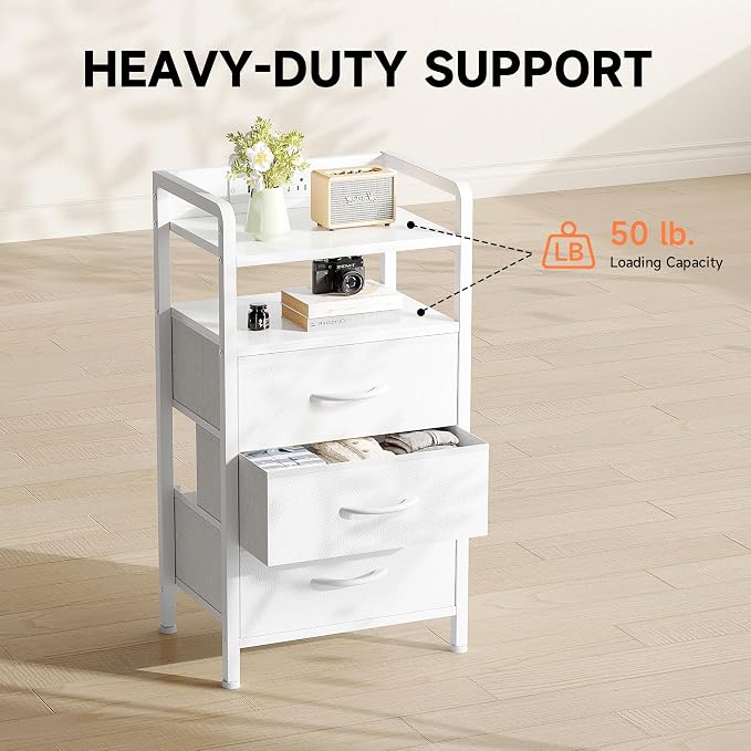 Lazzanto Night Stand Bedside Charger Bedroom - Nightstand with Charging Station, Bed Side Table with LED Light Strip, End Table with U-S-B Ports & AC Outlets, Storage Shelf & 3 Fabric Drawers, White