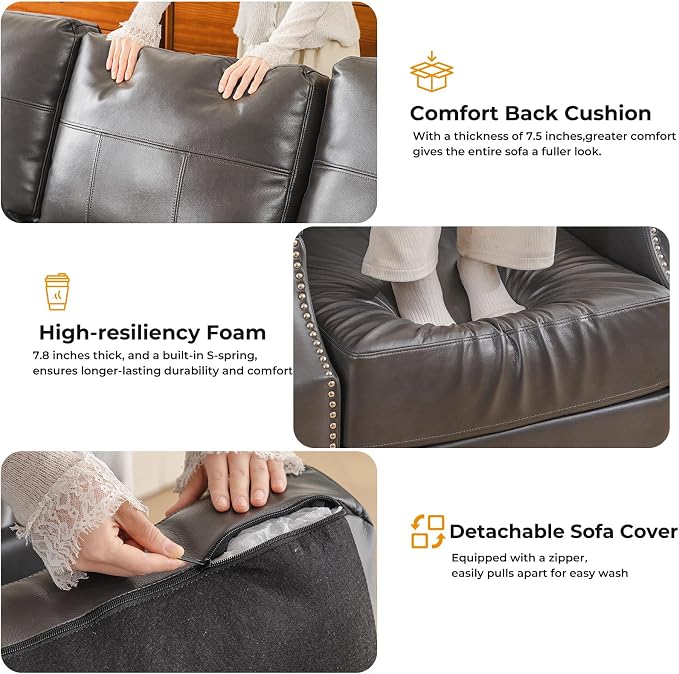 85'' Faux Leather Couch with Armrest Organizer,Sectional Sofa with Storage Movable Ottoman,Solid Wooden Frame,Thick Cushion,3 Seater L Shaped Couches for Living Room,Apartment,Home Furniture,Gray