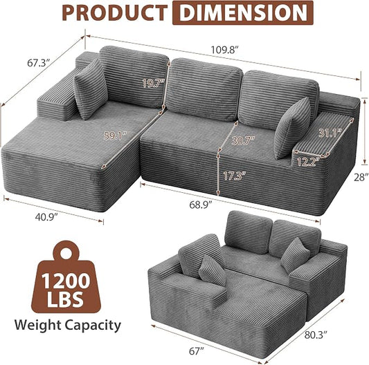 Homall 110" Boneless Sectional Couch, Modular Sectional Sofa L-Shape Couch with Deep Seat, Cloud Comfy Boneless Couch for Living Room, No Assembly Required (Corduroy, Grey)