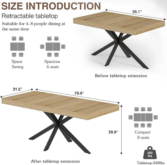 Extendable Dining Room Table for 4 6 8, 55"-71" Long Rectangle Kitchen Table,Wood Expandable Dining Table with Hidden Leaf & Storage, Space Saving, For Kitchen Dining Living Room, Farmhouse, Oak