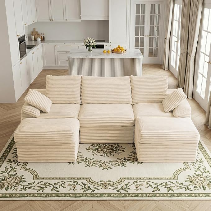 107" Modular U-Shaped Sectional Sofa with Storage, 3-Seat Corduroy Boneless Couch, 27" Deep Seat Cloud Couch & 2 Movable Ottoman, Tool-Free Assembly, Couch for Living Room, Beige