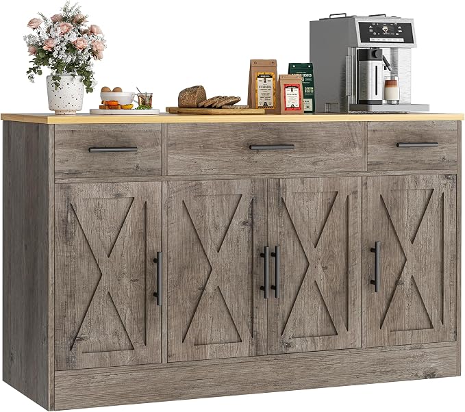 Vongrasig Buffet Cabinet with Drawers, 53” Large Sideboard Buffet Kitchen Storage Cabinet, Modern Farmhouse Coffee Bar with Shelves and Doors, Wood Buffet Table for Kitchen, Dining Room, Ash Grey