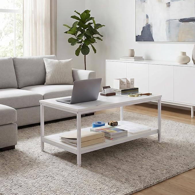 SUPER DEAL 2-Tier Industrial Coffee Table with Storage Shelf for Small Apartment Living Room, Rectangle Wood and Stable Metal TV Stand Side End Table, White Marble