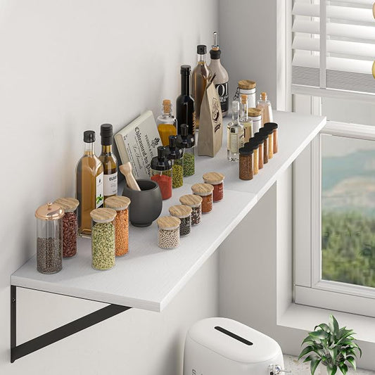 Heimlove White Deep Floating Shelves for Wall, 44W x 12D Wood Wall Shelves Set of 2, Wide Floating Bookshelf for Living Room, Kitchen, Office, Bedroom and Decor Storage, with Black Bracket - White