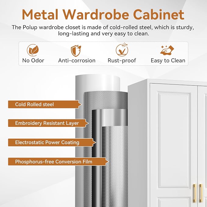 Polup Metal Wardrobe Closet with Doors and Shelves, 71" Tall Steel Armoire with Hanging Rod & Storage Drawer, Sturdy Freestanding Clothes Organizer for Bedroom, Office, Laundry Room, White