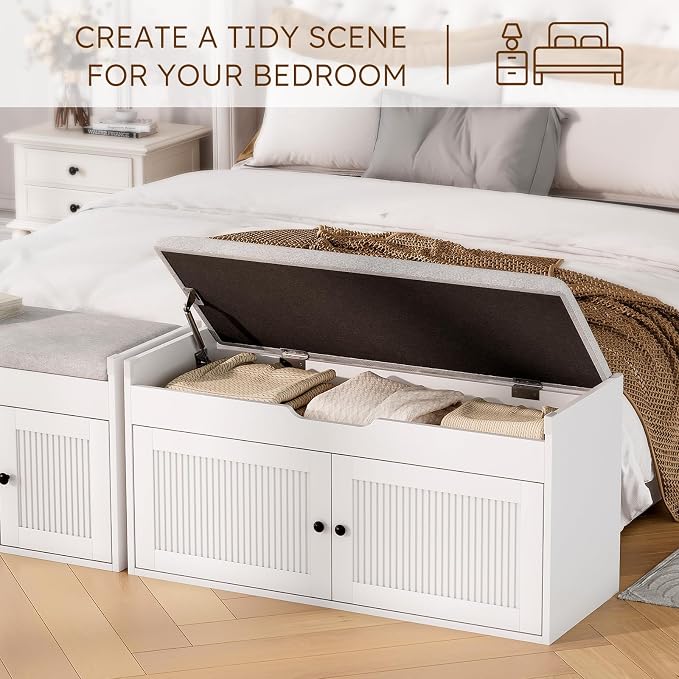 47.2" Storage Bench - Entryway Shoe Bench with 4 Doors and Top Storage Area, Multifunctional Entryway Bench with Lift Top Cushion, Shoe Storage Bench for Bedroom, Living Room, White
